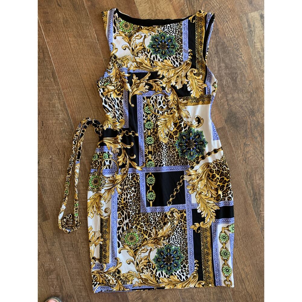 CACHE Y2K SHEATH W/CHAIN BELT BAROQUE GOLD/BLACK PRINT LINED ABOVE KNEE SZ10 10 - Picture 3 of 6